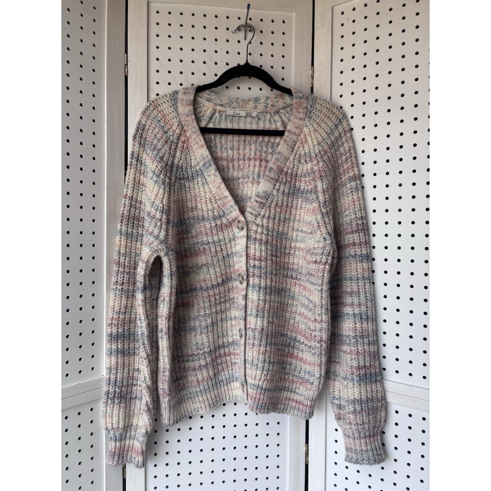 DEX Women's XL Button‎ Cardigan Sweater Ivory Blue Pink Wool Polyester Nylon